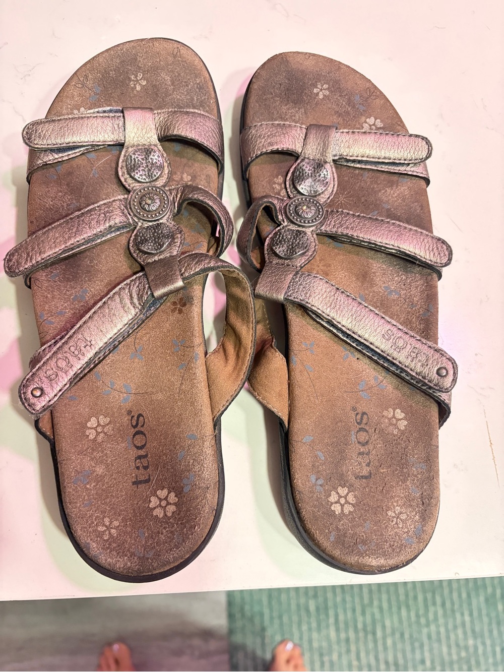 Taos Footwear Brown and Gray Studded Triple-Strap Sandals